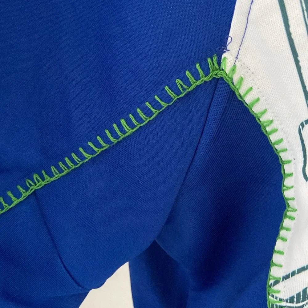 pieced sweatshirt top trendy mixed media long sleeve embroidered blue white M - Picture 4 of 16